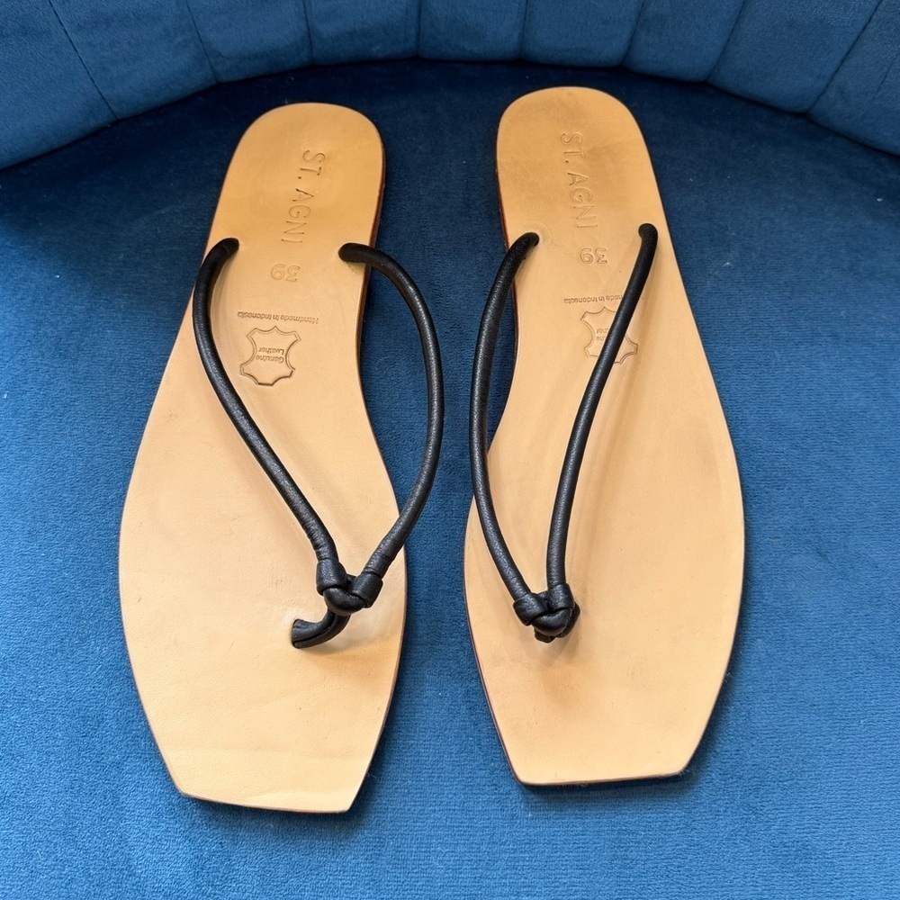 St. Agni Black Leather Minimalist Sandals | Size 39